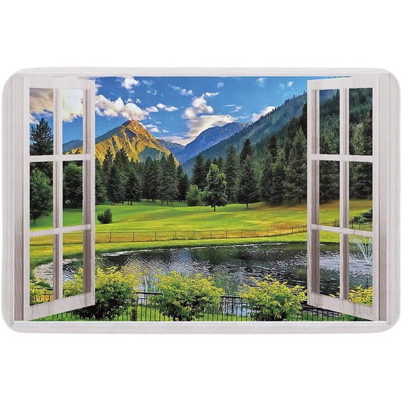 Indoor Doormat,Front Back Door Mats with Non Slip Backing,Creative Window View Pond Forest Mountains Welcome Entrance Floor Mat for Outdoor Entry Way, Bathroom Kitchen Rugs 16x24 Inch