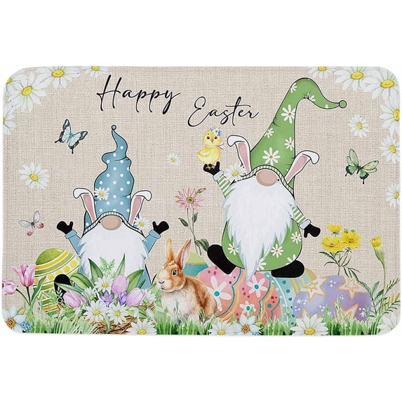 Indoor Doormat,Front Back Door Mats with Non Slip Backing,Happy Easter Bunny Gnomes Colored Eggs Welcome Entrance Floor Mat for Outdoor Entry Way, Bathroom Kitchen Rugs 16x24 Inch