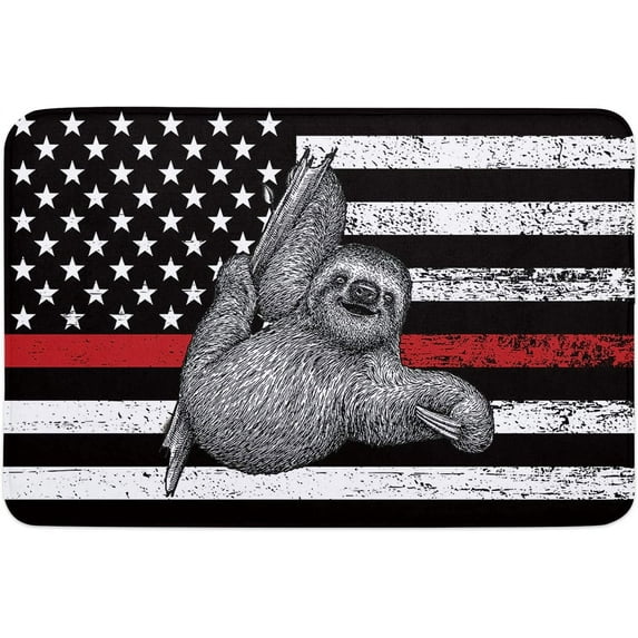 Indoor Doormat,Front Back Door Mats with Non Slip Backing,Red Line American Flag Sloth Welcome Entrance Floor Mat for Outdoor Entry Way, Bathroom Kitchen Rugs 18x30 Inch