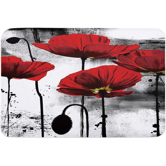 Indoor Doormat,Front Back Door Mats with Non Slip Backing,Red Poppy Flower Ink Painting Welcome Entrance Floor Mat for Outdoor Entry Way, Bathroom Kitchen Rugs 16x24 Inch