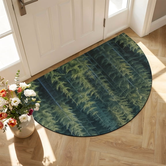 Indoor Doormat Front Door Mat 20"x31.5", Green Forest Absorbent & Non-Slip Half Circle Doormat Indoor Entrance, Low-Profile Welcome Mat for Entryway Patio Pine Tree Summer Botanical Modern Art