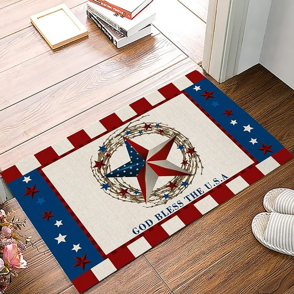 Indoor Doormat Front Door Mat God Bless The USA Patriotic Memorial Day Pentagram Farm Stripe and Star Non Slip Rubber Absorbent Washable Floor Mat Entrance Carpet Pet Mat Low-Profile Mat Home Decor