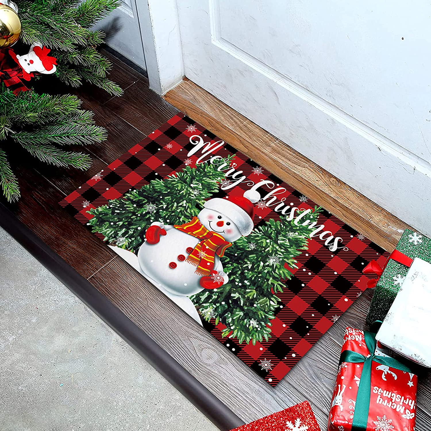 Indoor Doormat Front Door Mats,Christmas Dwarf Red Buffalo Plaid Water  Absorbent Non Slip Entrance Rugs,Winter Snowflake Green Tree Gift Floor  Bath