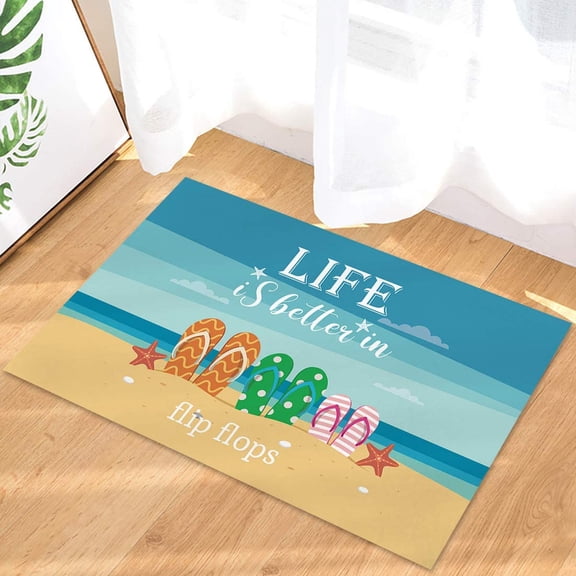 Indoor Doormat Front Door Mat Slippers Beach Starfish Shell Ocean Life is Better in Flip Flops Non Slip Rubber Backing Absorbent Machine Washable Floor Mat Entrance Carpet Pet Mat- 20x31.5 Inch