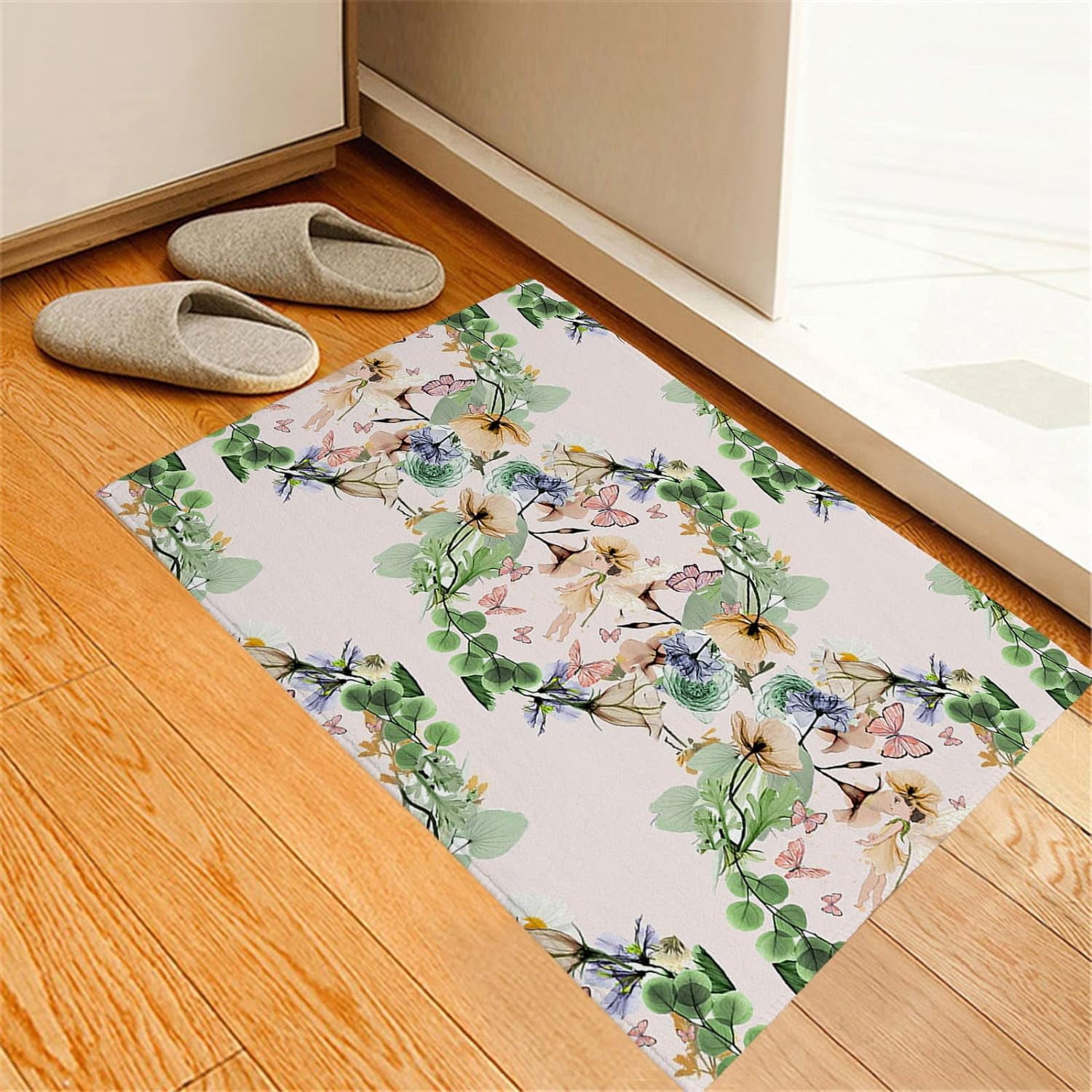 Indoor Doormat Spring Little Girl with Flower Leaf Wreath NonSlip