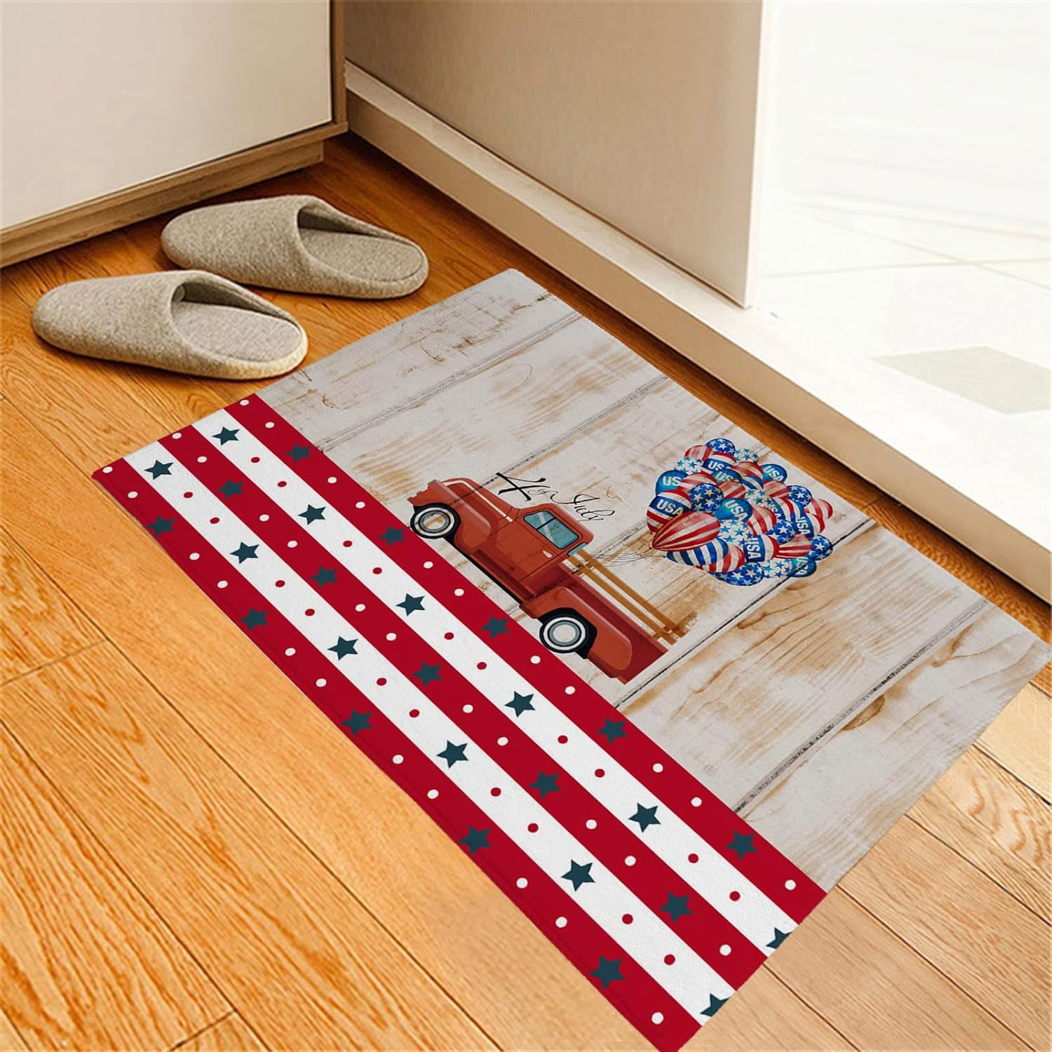 Indoor Doormat USA Balloon Farm Red Truck Retro Wood Plank NonSlip