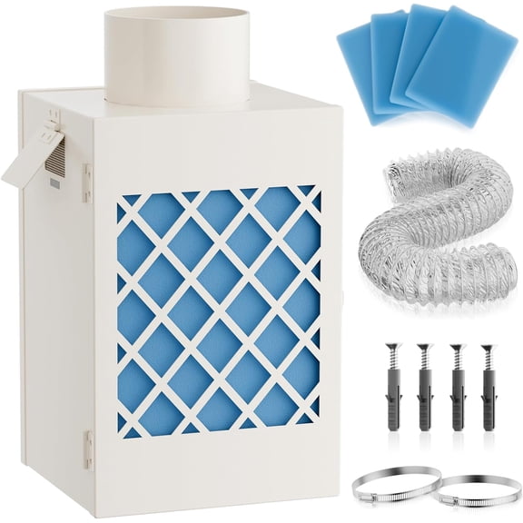 Indoor Dryer Vent Kit, HG Power Metal Dryer Vent Box, Safe Vent Damper, Dryer Lint Trap, Indoor Dryer Vent for Electric Dryer, Space-Saving Dryer Vent Kit (with Polyester Filter), Dryer Vent Hose