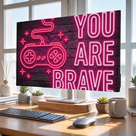 Indoor Elastic TV Cover 24", Art Gaming Icons TV Display Protector for LCD Desktop TV Hanging TV, Multi Panel Neon Letter Pink You Are Brave Decorative TV Screen Dust Proof Cover Protection