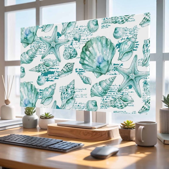 Indoor Elastic TV Cover 24", Coastal Seashell TV Display Protector for LCD Desktop TV Hanging TV, Summer Nautical Green Shell Starfish Hampton Style Decorative TV Screen Dust Proof Cover Protection