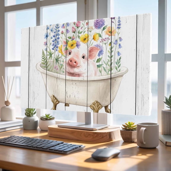Indoor Elastic TV Cover 24", Farm TV Display Protector for LCD Desktop TV Hanging TV, Watercolors Animal Bath Cute Pig Wildflowers Wood Grain Decorative TV Screen Dust Proof Cover Protection
