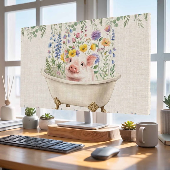 Indoor Elastic TV Cover 24", Farm TV Display Protector for LCD Desktop TV Hanging TV, Watercolors Bath Cute Pig Wildflowers Plant Leaves Linen Decorative TV Screen Dust Proof Cover Protection