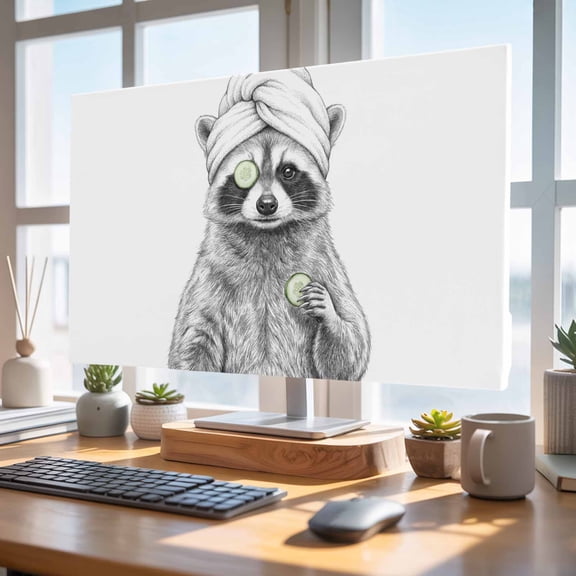 Indoor Elastic TV Cover 24", Grey Animals TV Display Protector for LCD Desktop TV Hanging TV, Funny Raccoon with Bath Wrap Cucumber Slice Gray Modern Decorative TV Screen Dust Proof Cover Protection