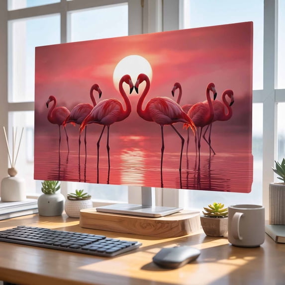 Indoor Elastic TV Cover 24", Red Flamingos TV Display Protector for LCD Desktop TV Hanging TV, Tropical Animal Romantic Silhouette at Dusk Sunset Glow Decorative TV Screen Dust Proof Cover Protection