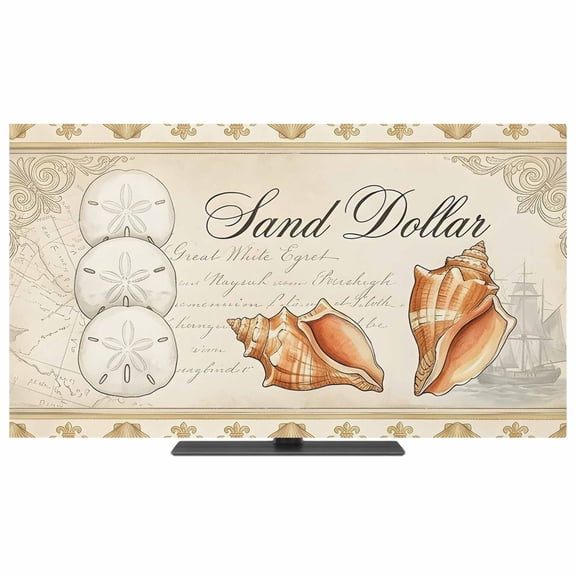 Indoor Elastic TV Cover 24", Retro Nautical TV Display Protector for LCD Desktop TV Hanging TV, Ocean Beige Sand Dollar Conch Seashell Ship Decorative TV Screen Dust Proof Cover Protection