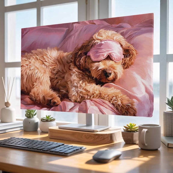 Indoor Elastic TV Cover 24", Sleeping Poodle TV Display Protector for LCD Desktop TV Hanging TV, Eye Mask Animals Fluffy Fur Puppy Pink Decorative TV Screen Dust Proof Cover Protection