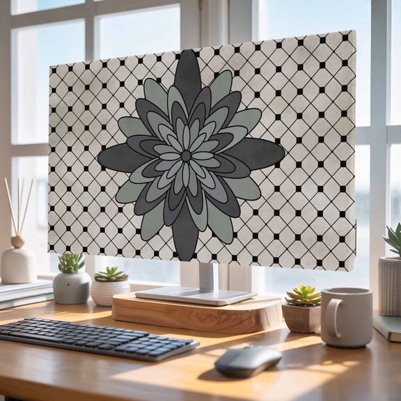 Indoor Elastic TV Cover 24", Spring Abstract Floral TV Display Protector for LCD Desktop TV Hanging TV, Black Geometric Flowers Grid Border Decorative TV Screen Dust Proof Cover Protection