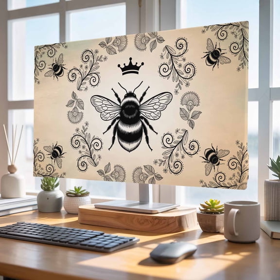 Indoor Elastic TV Cover 24", Vintage Crown Bee TV Display Protector for LCD Desktop TV Hanging TV, Classical Floral Texture Orange Green Ombre Decorative TV Screen Dust Proof Cover Protection