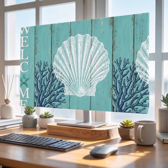 Indoor Elastic TV Cover 24", Welcome Me Shell TV Display Protector for LCD Desktop TV Hanging TV, Summer Ocean Blue Coral Starfish Green Wood Grain Decorative TV Screen Dust Proof Cover Protection