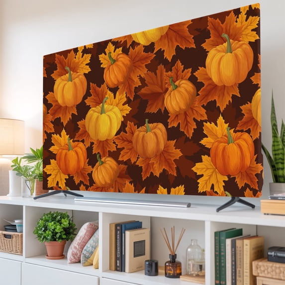 Indoor Elastic TV Cover for 32 Inch Flat Screen TVs,Thanksgiving Pumpkin Fall Orange Maple Leaf Stretch TV Screen Protector Smart Television Protection Covers TVs Enclosure,Autumn Watercolor Leaves