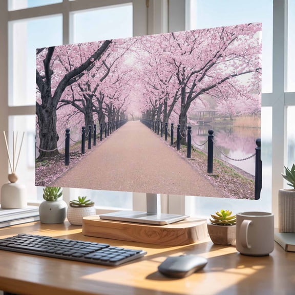 Indoor Elastic TV Cover 40", Cherry Blossom Path TV Display Protector for LCD Desktop TV Hanging TV, Spring Dreamy Pink Flower Park Alley Decorative TV Screen Dust Proof Cover Protection