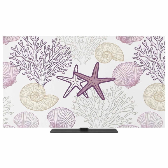 Indoor Elastic TV Cover 43", Ocean Marine Life TV Display Protector for LCD Desktop TV Hanging TV, Nautical Coastal Sea Purple Yellow Starfish Coral Shell Decorative TV Screen Dust Proof Cover