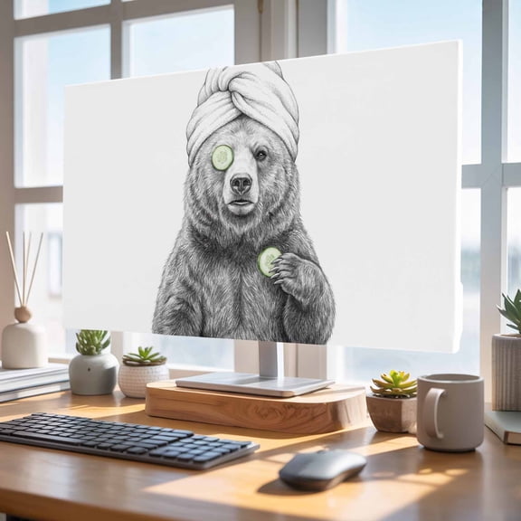 Indoor Elastic TV Cover 50", Grey Animals TV Display Protector for LCD Desktop TV Hanging TV, Funny Grizzly Bear with Bath Wrap Cucumber Slice Gray Modern Decor TV Screen Dust Proof Cover Protection