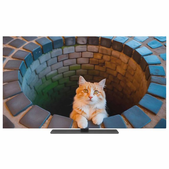 Indoor Elastic TV Cover 50", Orange Cat in Stone Well TV Display Protector for LCD Desktop TV Hanging TV, Abstract Furry Animals Bricks Funny Decorative TV Screen Dust Proof Cover Protection