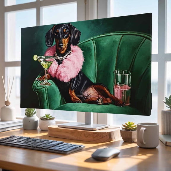 Indoor Elastic TV Cover 50", Posh Dachshund TV Display Protector for LCD Desktop TV Hanging TV, Pink Fur Stole Black Animal Cocktail Party Dark Green Decorative TV Screen Dust Proof Cover Protection