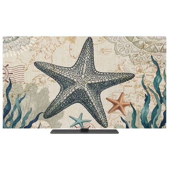 Indoor Elastic TV Cover 50", Rustic Ocean Starfish TV Display Protector for LCD Desktop TV Hanging TV, Country Nautical Coastal Beach Seaweed Sand Dollar Decorative TV Screen Dust Proof Cover