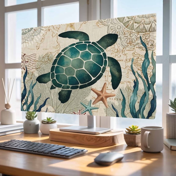 Indoor Elastic TV Cover 50", Sea Turtle TV Display Protector for LCD Desktop TV Hanging TV, Boho Summer Green Seaweed Starfish Rustic Mandalas Pattern Decorative TV Screen Dust Proof Cover Protection
