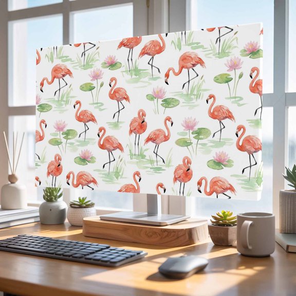 Indoor Elastic TV Cover 55", Pink Flamingos TV Display Protector for LCD Desktop TV Hanging TV, Boho Summer Pink Tropical Vibe Lotus Flower Lotus Leaf Decorative TV Screen Dust Proof Cover Protection