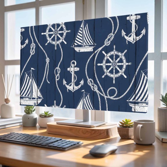 Indoor Elastic TV Cover 65", Blue Ocean TV Display Protector for LCD Desktop TV Hanging TV, Rustic Nautical Coastal Sea Beach Sailboat Anchor Rope Decorative TV Screen Dust Proof Cover Protection