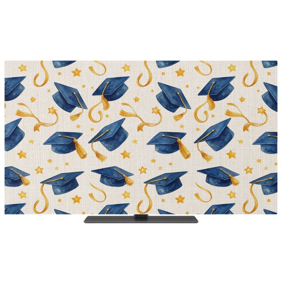 Indoor Elastic TV Cover 65", Navy Blue Graduation Cap TV Display Protector for LCD Desktop TV Hanging TV, Modern Gold Star Vintage Tassels Decorative TV Screen Dust Proof Cover Protection