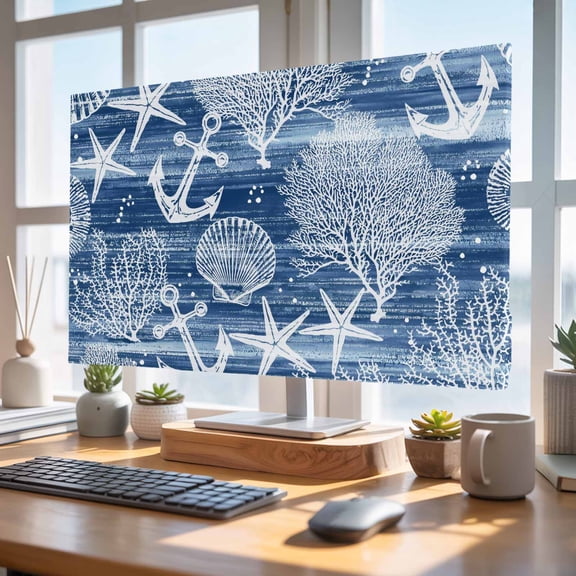 Indoor Elastic TV Cover 75", Summer Navy Blue Ocean TV Display Protector for LCD Desktop TV Hanging TV, Vintage Nautical Sea Anchor Coral Shell Starfish Decor TV Screen Dust Proof Cover Protection