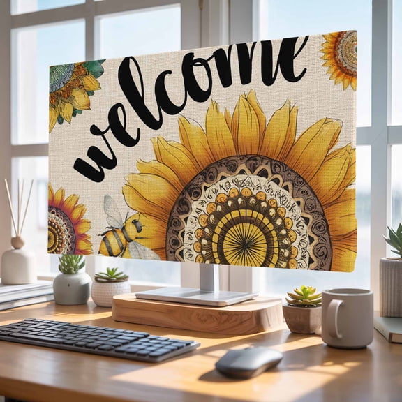 Indoor Elastic TV Cover 75", Welcome TV Display Protector for LCD Desktop TV Hanging TV, Summer Flowers Bohemia Watercolor Sunflower Cartoon Bee Decorative TV Screen Dust Proof Cover Protection