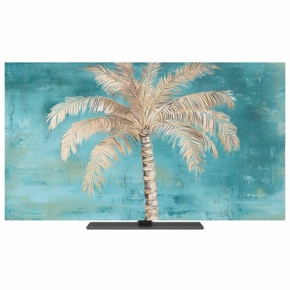 Indoor Elastic TV Cover 85", Tan Palm Tree TV Display Protector for LCD Desktop TV Hanging TV, Tropical Coastal Beach Palm Tree Teal Decorative TV Screen Dust Proof Cover Protection