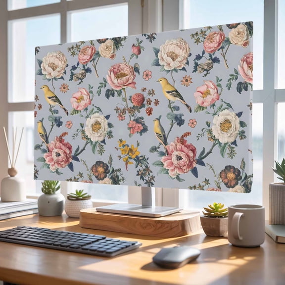 Indoor Elastic TV Cover 85", White Pink Flowers TV Display Protector for LCD Desktop TV Hanging TV, Ethnic Retro White Floral Birds Light Purple Decorative TV Screen Dust Proof Cover Protection