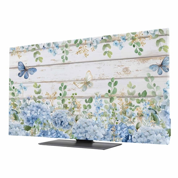 Indoor Elastic TV Cover, Blue Hydrangea Dust Proof TV Screen Slipcover Protection, Spring Summer Eucalyptus Wooden Stretch Waterproof Monitor Fitted 24" TV Covers for Inside