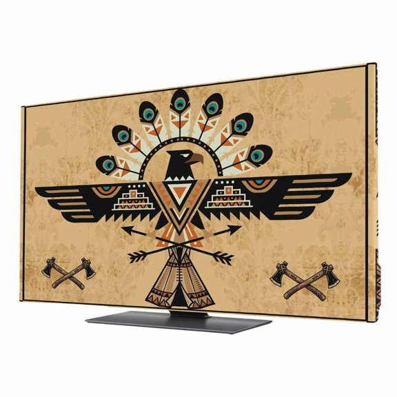 Indoor Elastic TV Cover, Brown Tribal Dust Proof TV Screen Slipcover Protection, Ethnic Eagle Icon Geometric Traditional Stretch Waterproof Monitor Fitted 24" TV Covers for Inside