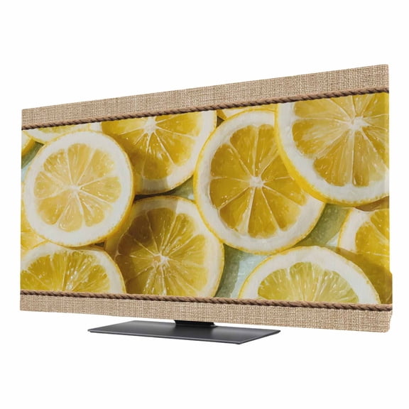 Indoor Elastic TV Cover, Farmhouse Lemons Dust Proof TV Screen Slipcover Protection, Summer Country Yellow Fruits on Linen Stretch Waterproof Monitor Fitted 24" TV Covers for Inside