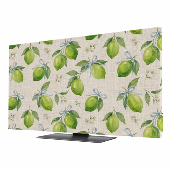 Indoor Elastic TV Cover, Green Lemons Dust Proof TV Screen Slipcover Protection, Summer Watercolor Blue Bow on Fruits on Linen Stretch Waterproof Monitor Fitted 24" TV Covers for Inside
