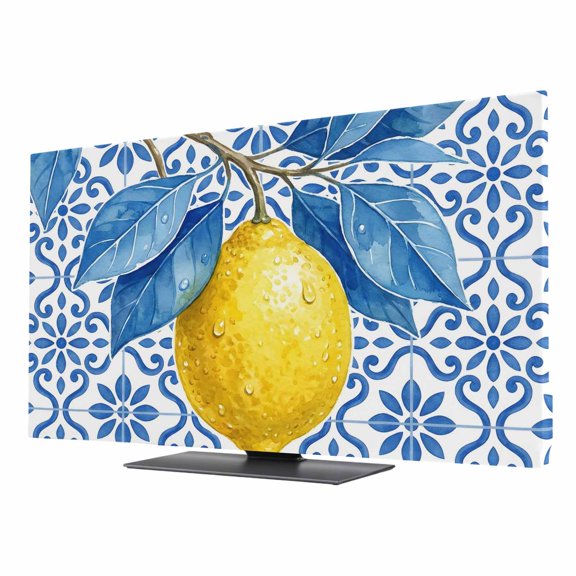 Indoor Elastic TV Cover, Lemon Blue Leaves Dust Proof TV Screen Slipcover Protection, Summer Fruits Blue Floral Pattern Stretch Waterproof Monitor Fitted 24" TV Covers for Inside