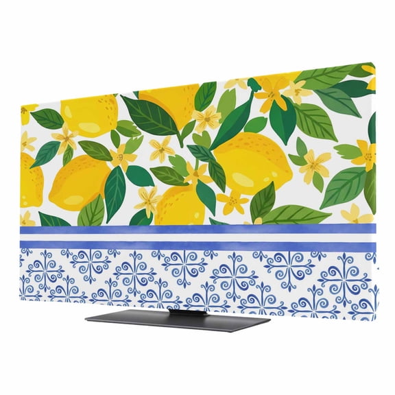 Indoor Elastic TV Cover, Lemon Botanical Dust Proof TV Screen Slipcover Protection, Summer Fruit Leaves Blue Floral Stretch Waterproof Monitor Fitted 24" TV Covers for Inside