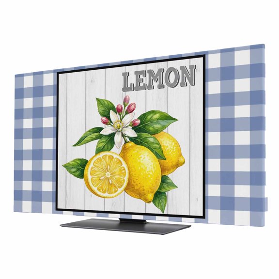 Indoor Elastic TV Cover, Lemons Dust Proof TV Screen Slipcover Protection, Yellow Summer Botanical Blue Checkered Farmhouse Wooden Stretch Waterproof Monitor Fitted 24" TV Covers for Inside