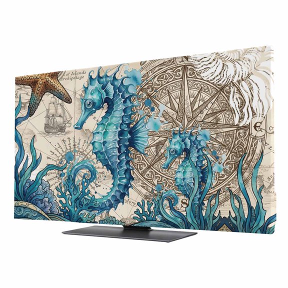 Indoor Elastic TV Cover, Nautical Coastal Dust Proof TV Screen Slipcover Protection, Retro Marine Life Seahorse Compass Map Beige Stretch Waterproof Monitor Fitted 40" TV Covers for Inside