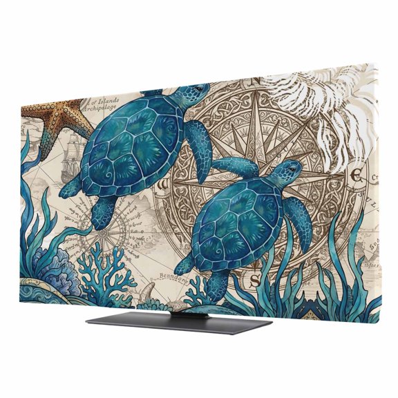 Indoor Elastic TV Cover, Nautical Coastal Dust Proof TV Screen Slipcover Protection, Retro Marine Life Turtle Map Compass Beige Stretch Waterproof Monitor Fitted 40" TV Covers for Inside