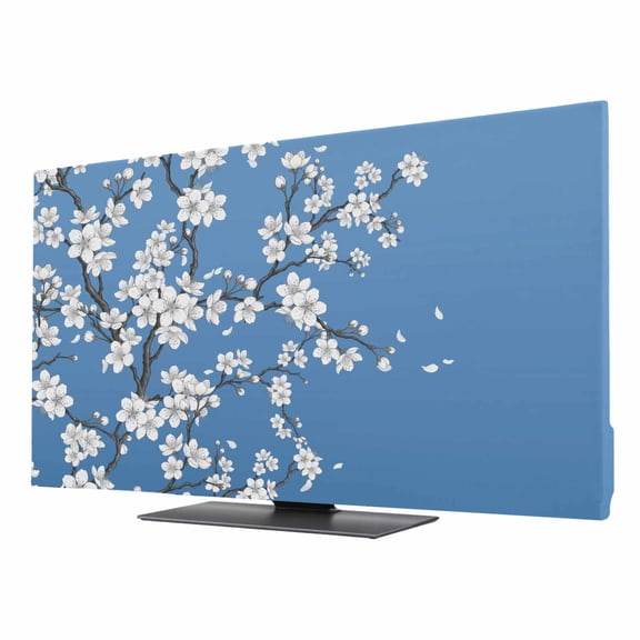 Indoor Elastic TV Cover, Spring Floral Dust Proof TV Screen Slipcover Protection, White Cherry Blossom Fowers Sky Blue Stretch Waterproof Monitor Fitted 24" TV Covers for Inside