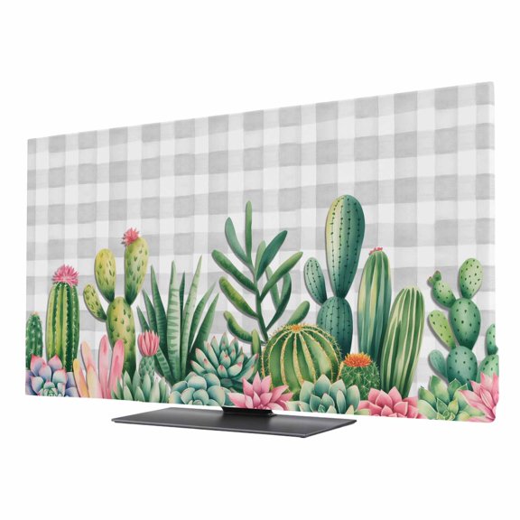 Indoor Elastic TV Cover, Summer Botanical Dust Proof TV Screen Slipcover Protection, Tropical Cactus Succulents Gray Plaid Stretch Waterproof Monitor Fitted 50" TV Covers for Inside