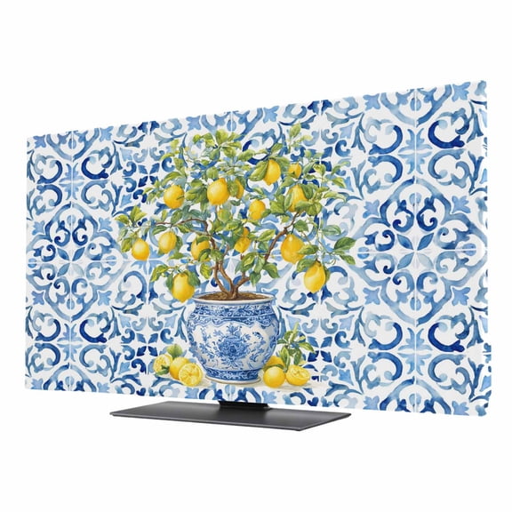 Indoor Elastic TV Cover, Summer Lemons Dust Proof TV Screen Slipcover Protection, Blue Boho Floral Farmhouse Botanical Stretch Waterproof Monitor Fitted 24" TV Covers for Inside