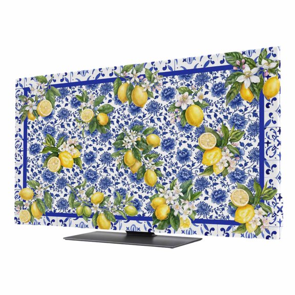 Indoor Elastic TV Cover, Summer Lemons Dust Proof TV Screen Slipcover Protection, Watercolor Yellow Fruits Blue Flowers Stretch Waterproof Monitor Fitted 24" TV Covers for Inside